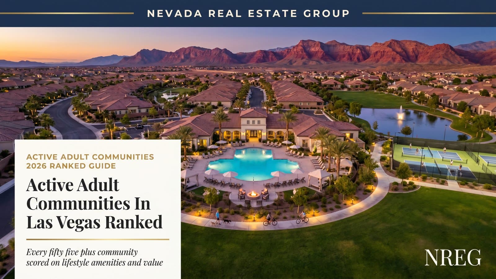 Active adult 55 plus community clubhouse and pool with retirees enjoying amenities in Las Vegas Nevada 2026