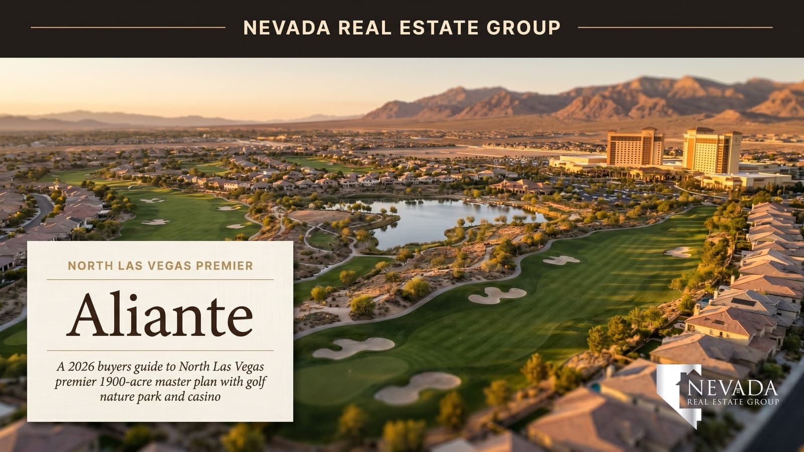 Aliante North Las Vegas master plan aerial at sunset with golf course Nature Discovery Park and casino
