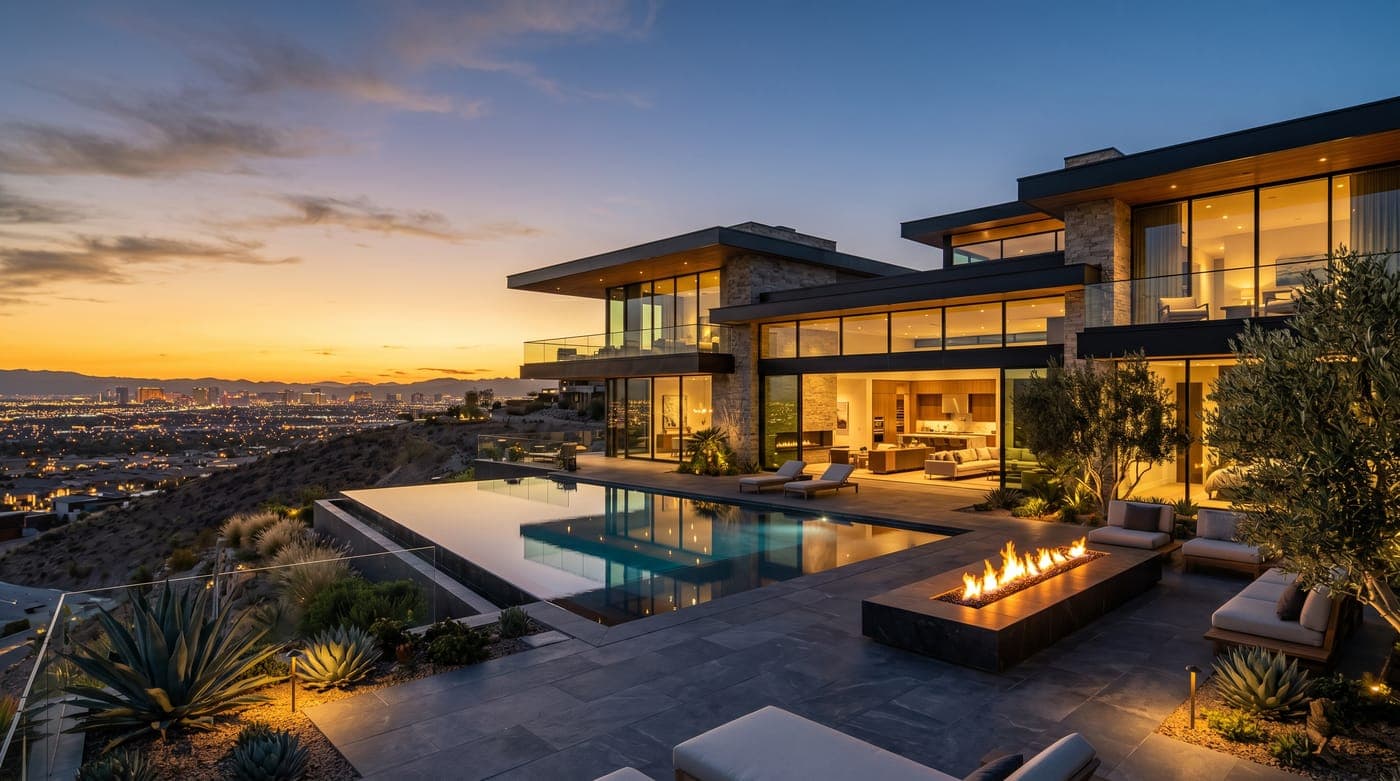 Ascaya custom hillside luxury home with Strip view at twilight in Henderson Nevada guard gated community 2026