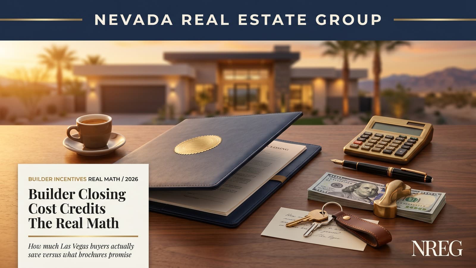 Las Vegas Nevada closing table with title and escrow paperwork buyer agent and lender reviewing Closing Disclosure in 2026