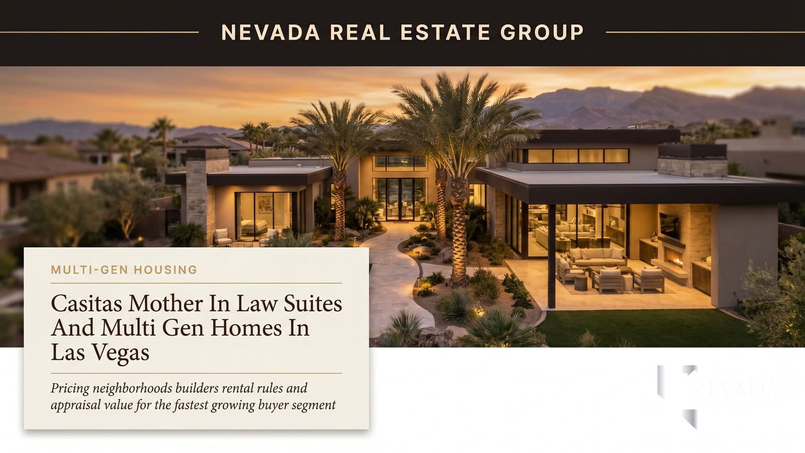 Detached single-story Las Vegas casita with travertine path, mature landscaping, and main custom home visible behind — representative multi-generational layout in Henderson and Summerlin estate communities