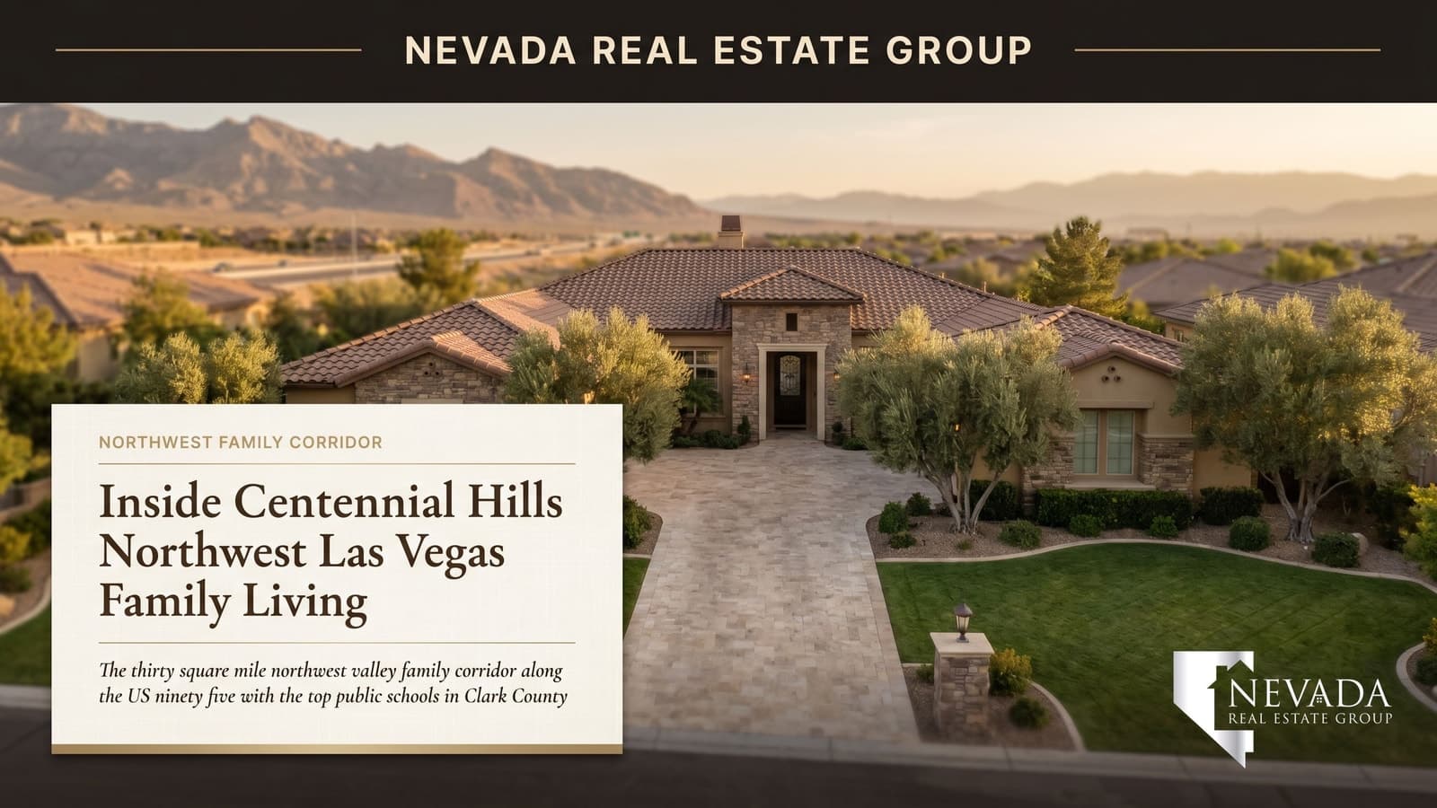 Centennial Hills northwest Las Vegas family neighborhood aerial at golden hour with single-family homes, mature landscaping, and the Spring Mountains backdrop