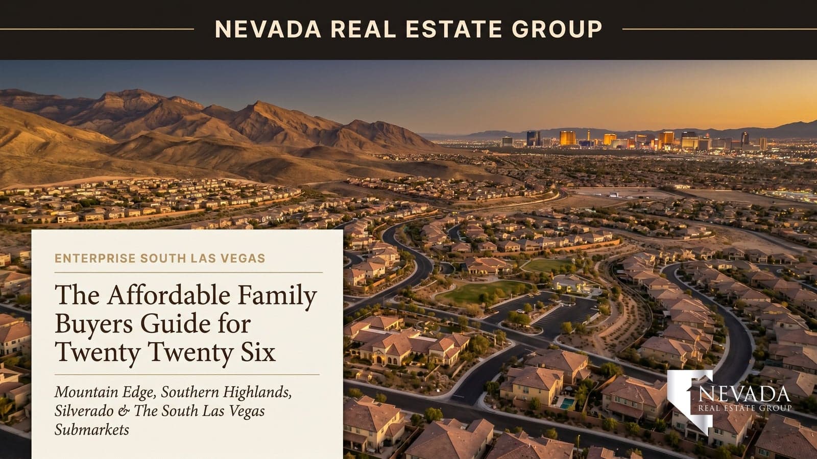 Aerial view of Enterprise in south Las Vegas at golden hour showing Mountain's Edge and Southern Highlands master plans with the Strip skyline and Spring Mountains in the background