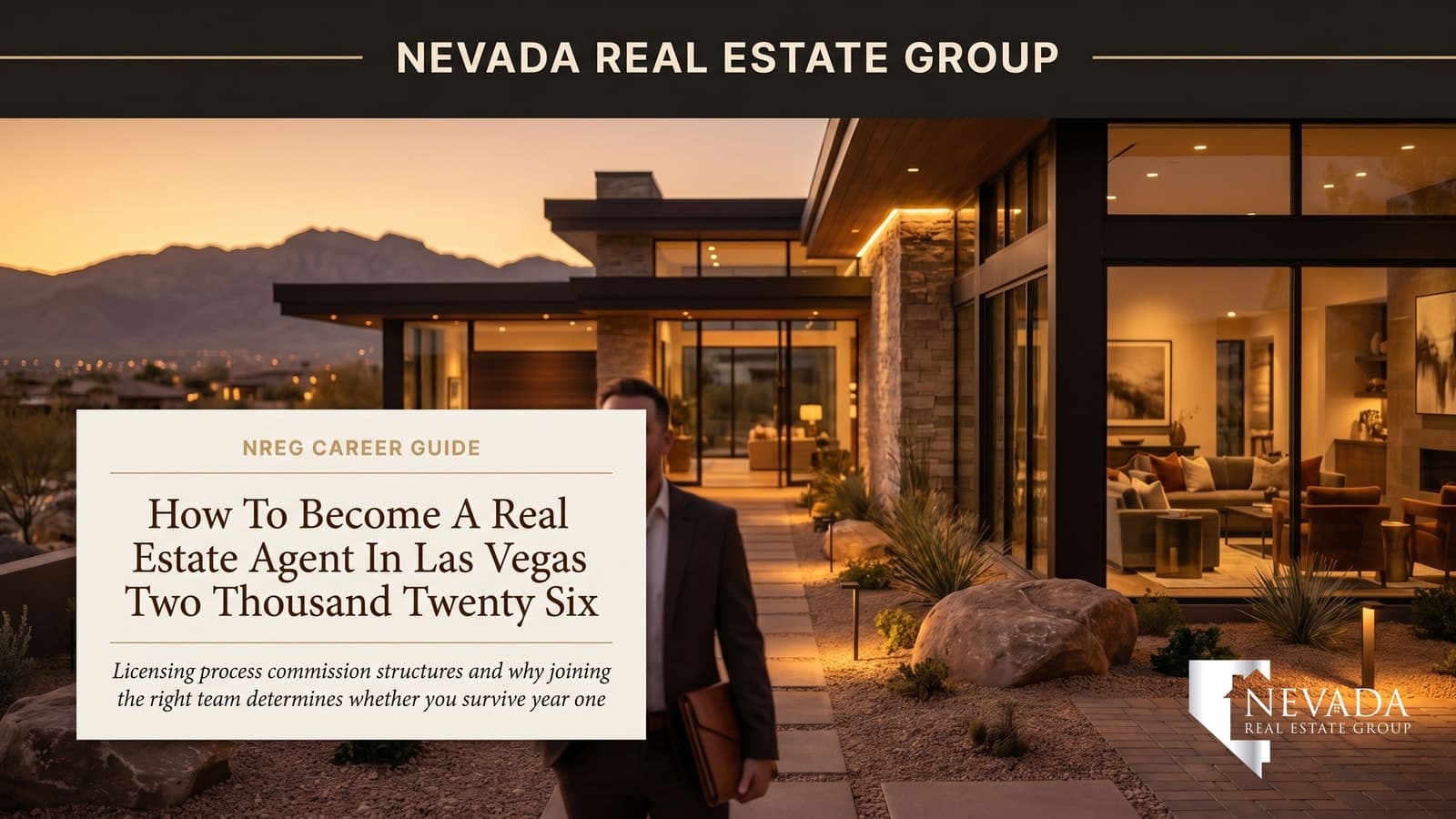 Aerial view of the Las Vegas valley at golden hour with the Strip skyline and surrounding suburban master plans visible — the territory where 18,000+ licensed Nevada real estate agents compete for clients in 2026