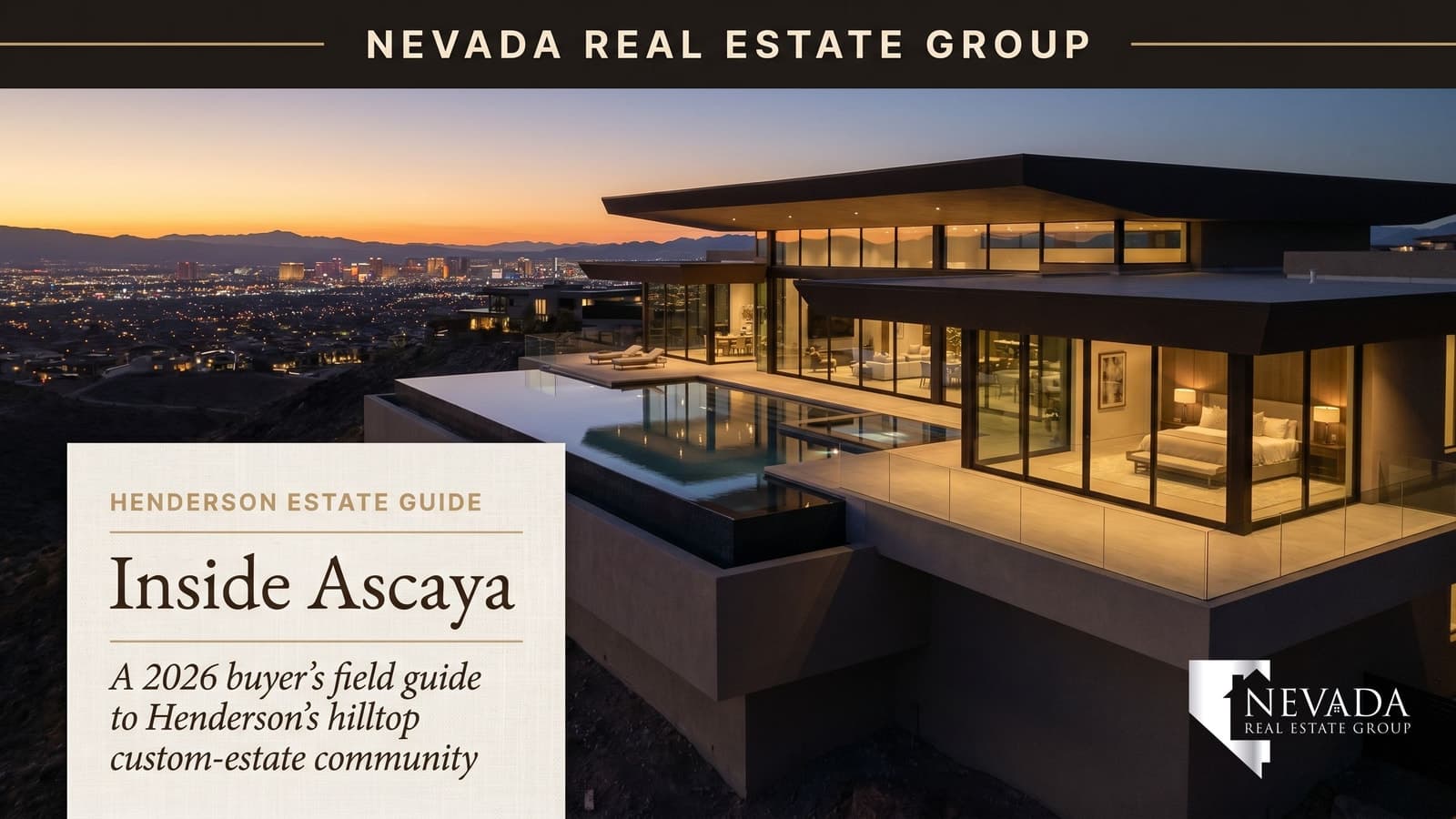 Ascaya Henderson hilltop estate at twilight with infinity pool overlooking Las Vegas Strip skyline
