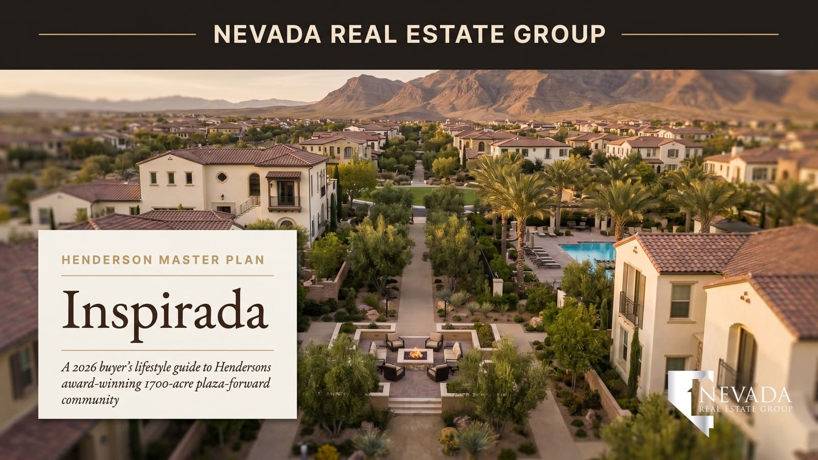 Inspirada Henderson master plan aerial at golden hour with plazas and Mediterranean-style homes