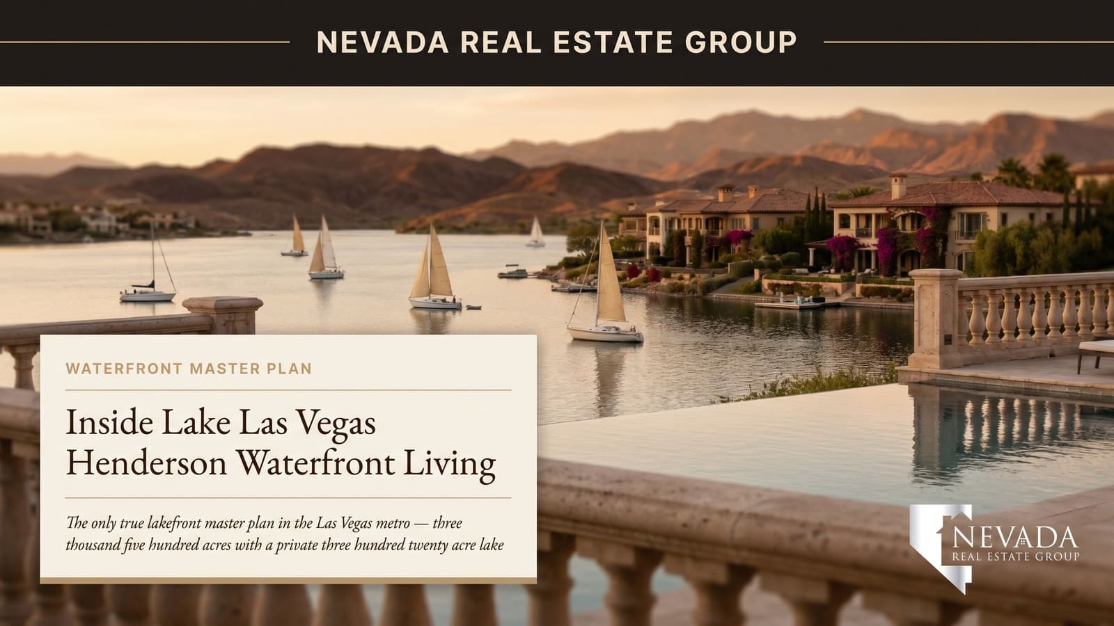 Lake Las Vegas Henderson waterfront aerial at golden hour with private 320-acre lake, lakefront estates, and the Hilton resort tower in the distance