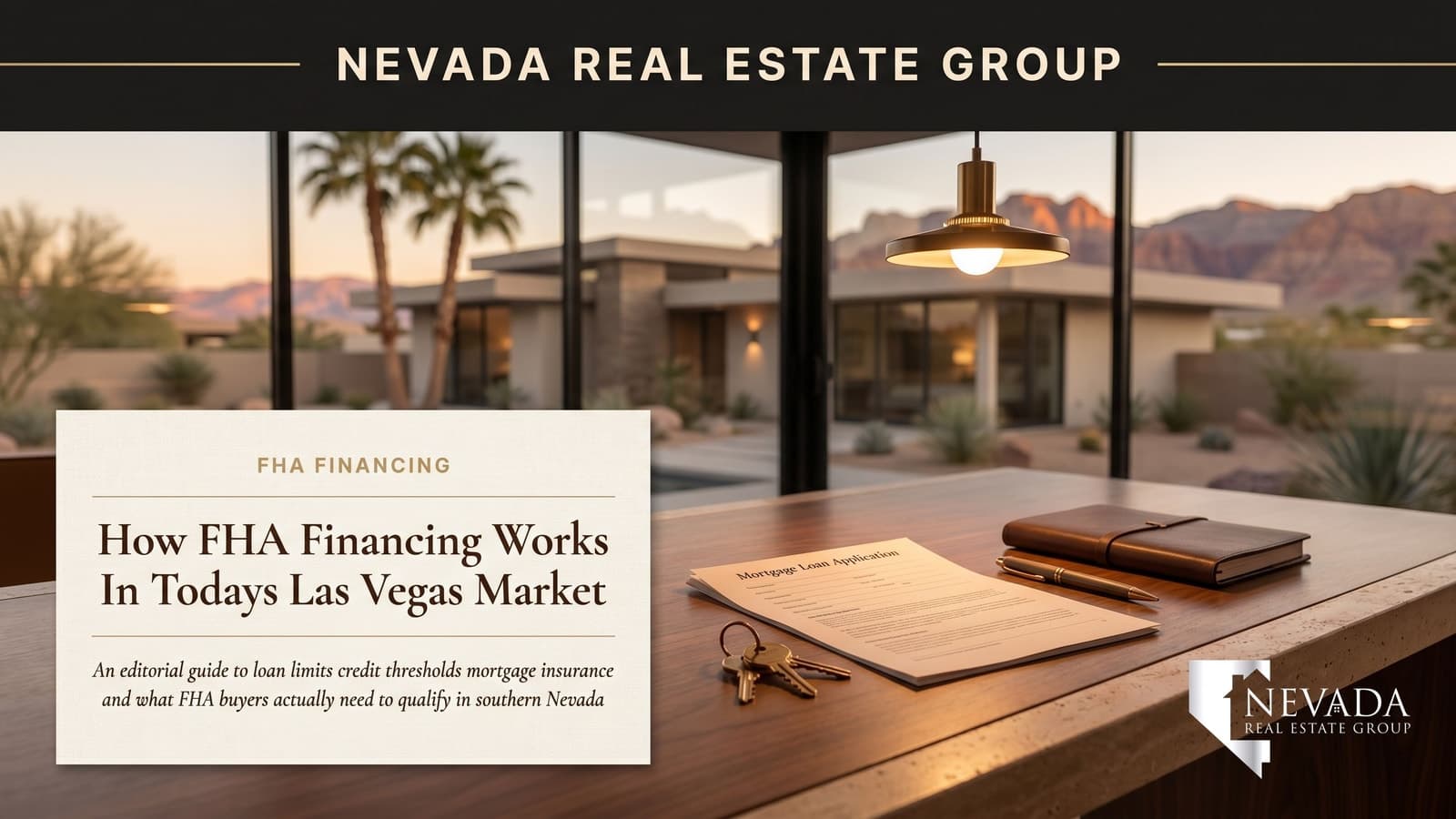 The Las Vegas FHA Loan Playbook for 2026 Buyers — Nevada Real Estate Group editorial cover featuring mortgage application document, house keys, walnut desk, and Henderson home with Red Rock canyon backdrop at golden hour