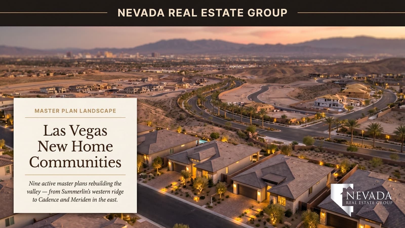 Aerial Las Vegas master plan community new construction palm-lined curved streets desert backdrop 2026