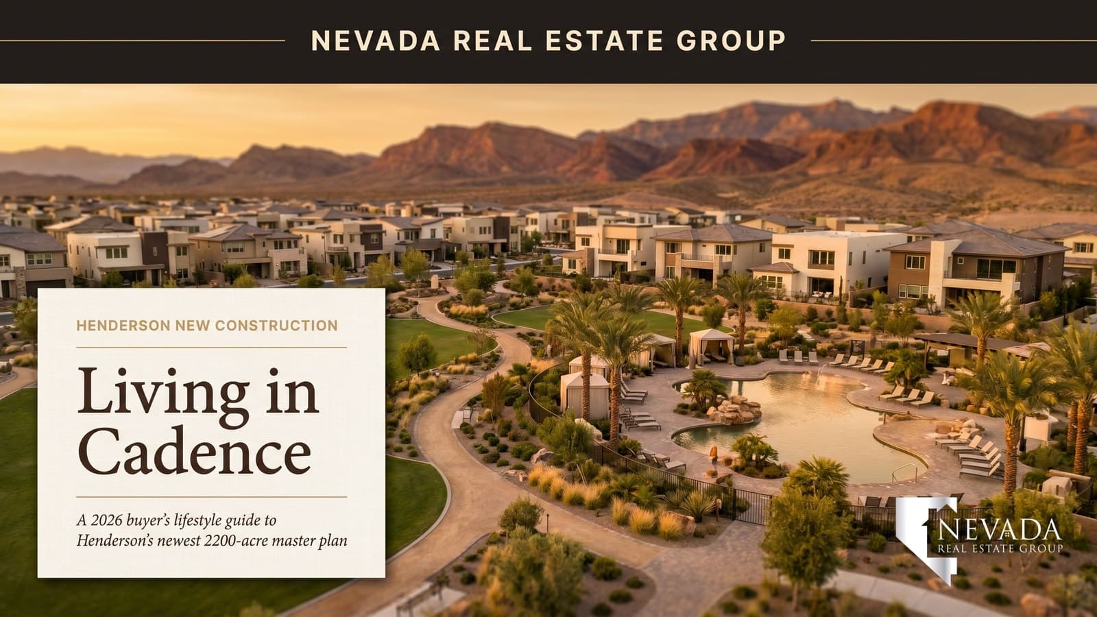 Cadence Henderson master plan aerial at golden hour with Central Park resort pool and modern homes
