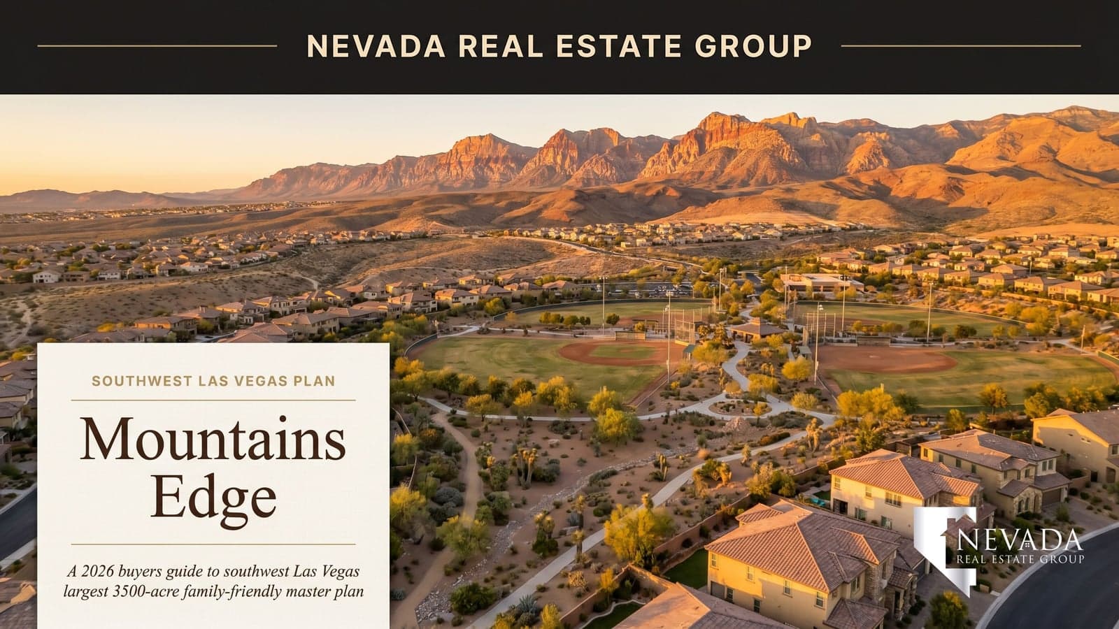 Mountains Edge southwest Las Vegas master plan aerial at sunset with Red Rock Canyon backdrop