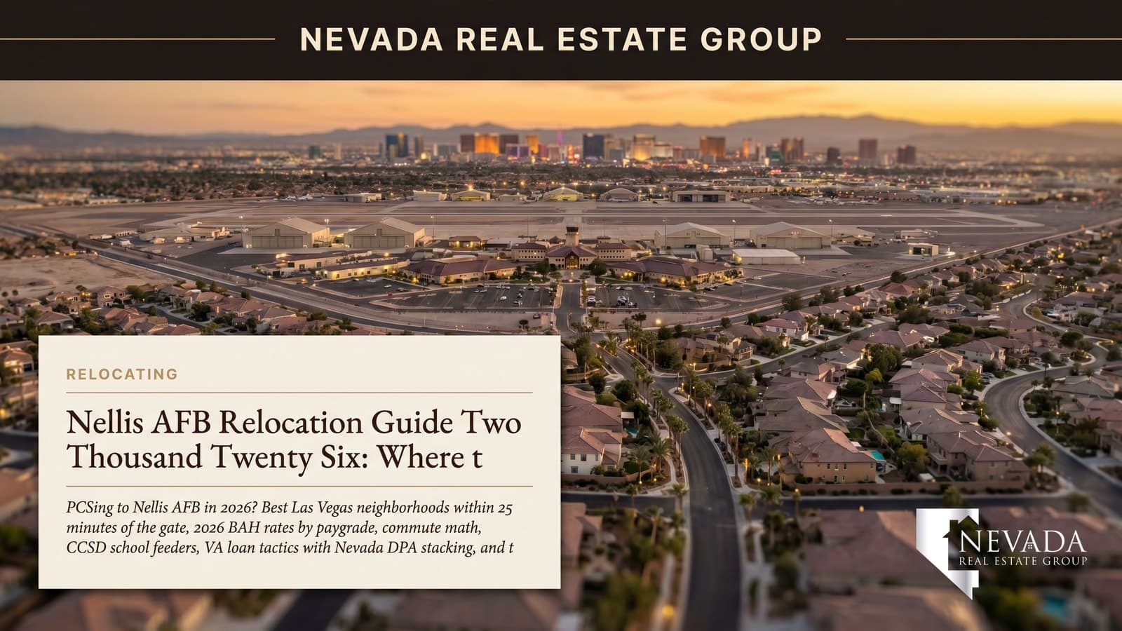 Nellis AFB perimeter at golden hour with adjacent Las Vegas residential neighborhoods visible — northeast Clark County, Nevada