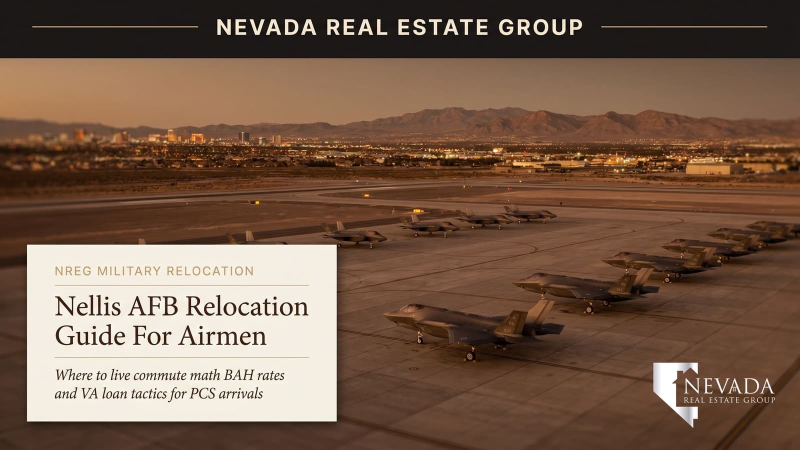 Nellis AFB perimeter at golden hour with adjacent Las Vegas residential neighborhoods visible — northeast Clark County, Nevada