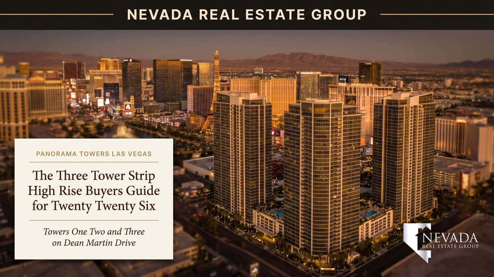Three Panorama Towers high-rise residential towers on Dean Martin Drive west of the Las Vegas Strip with the central Strip skyline and CityCenter visible in the background