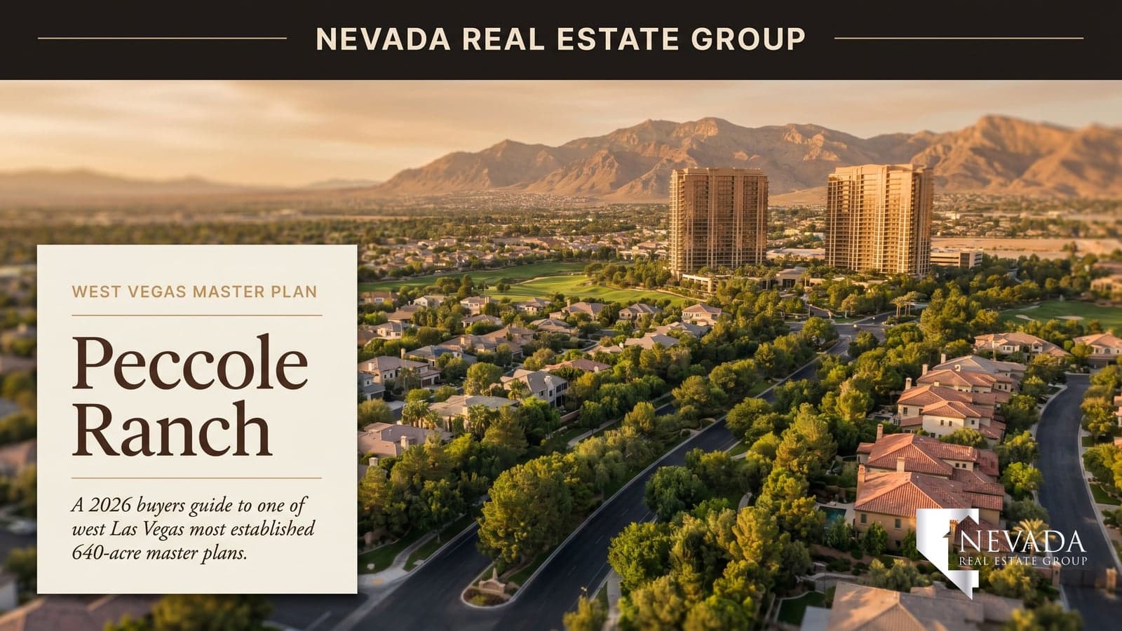 Peccole Ranch Las Vegas master plan aerial at golden hour with mature trees and luxury homes