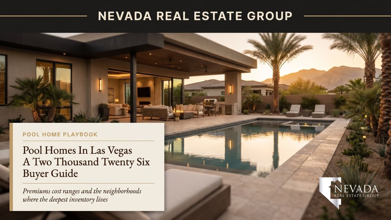 Mid-afternoon view of a private rectangular in-ground pool in a Summerlin backyard with travertine deck, palm trees, and the Spring Mountains in the background — representative Las Vegas pool home