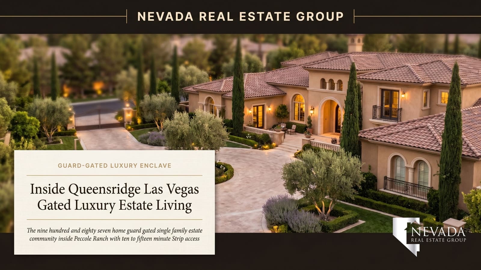 Queensridge Las Vegas guard-gated luxury estate community aerial at golden hour with Mediterranean and Tuscan custom homes inside the Peccole Ranch master plan