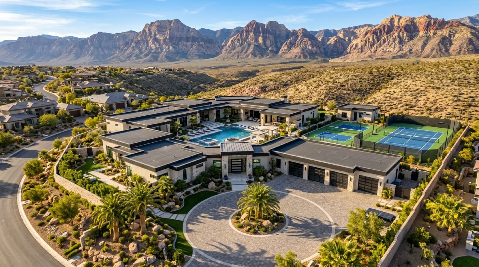 Mediterranean luxury estate inside Red Rock Country Club with mountain backdrop and Summerlin skyline