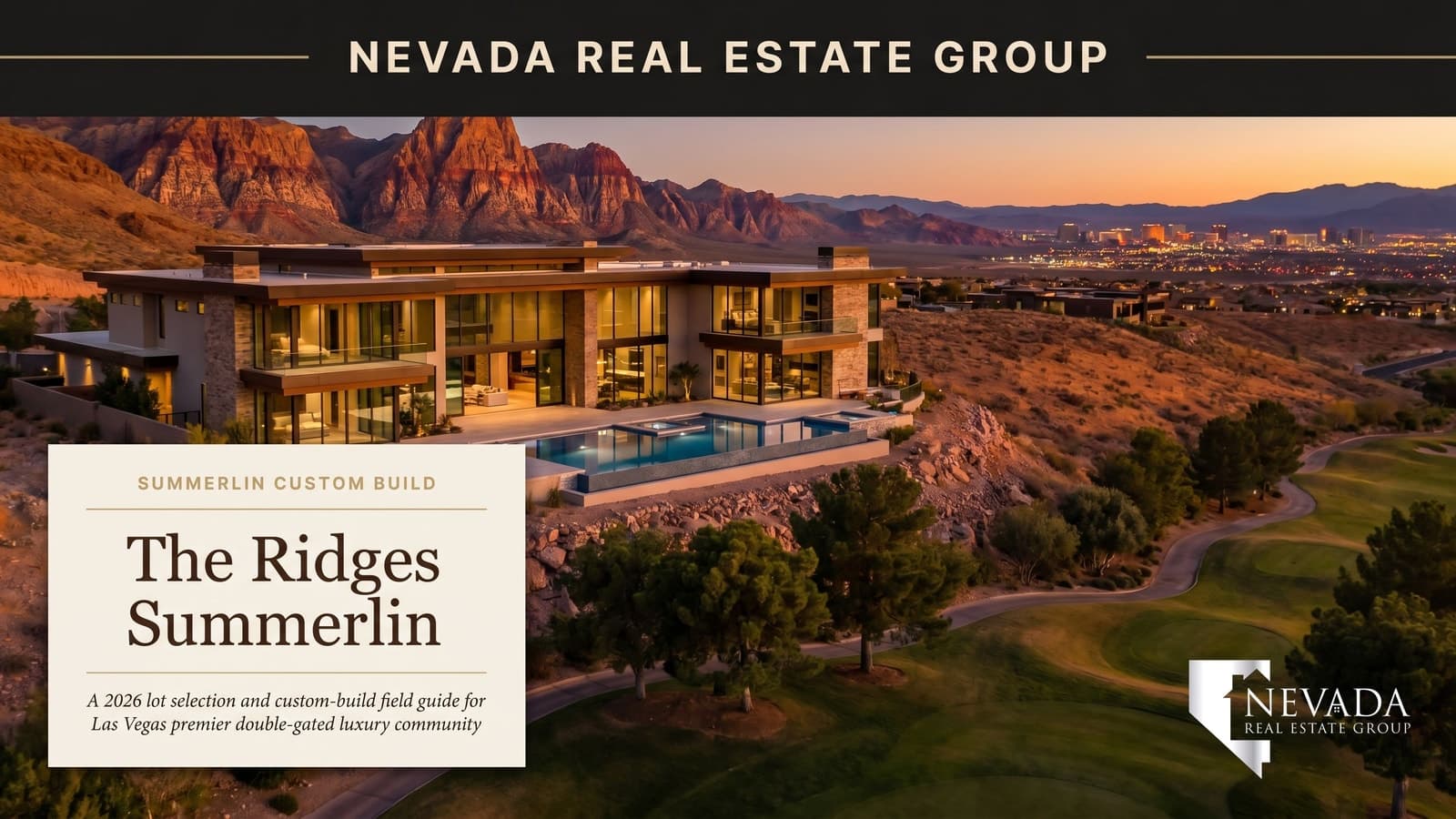 The Ridges Summerlin custom luxury estate at twilight with Red Rock Canyon backdrop and infinity pool