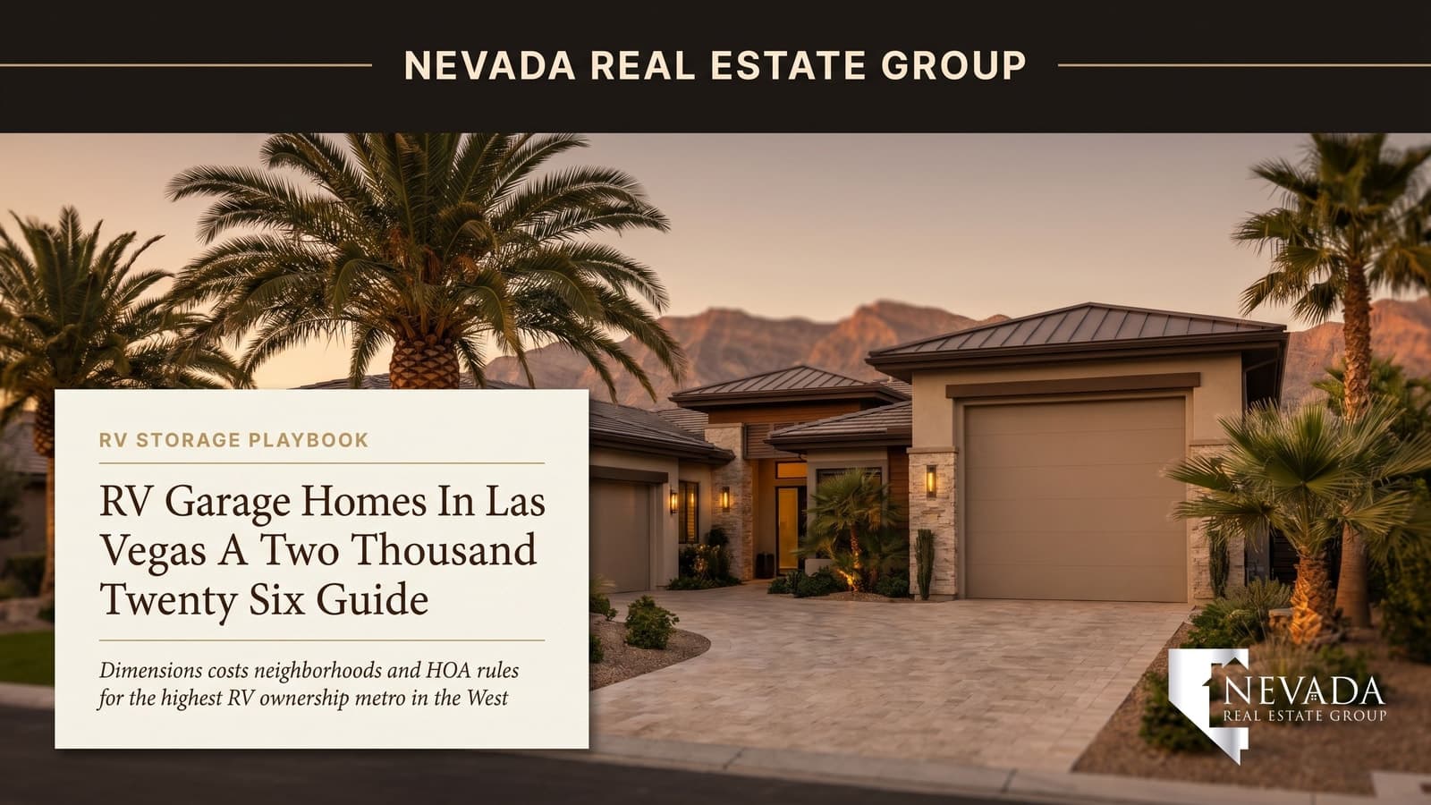 Detached oversized RV garage with 14-foot tall door visible behind a Las Vegas single-story custom home with travertine drive and palm trees — representative of the RV-friendly inventory across North Las Vegas, Mountain's Edge, and Boulder City