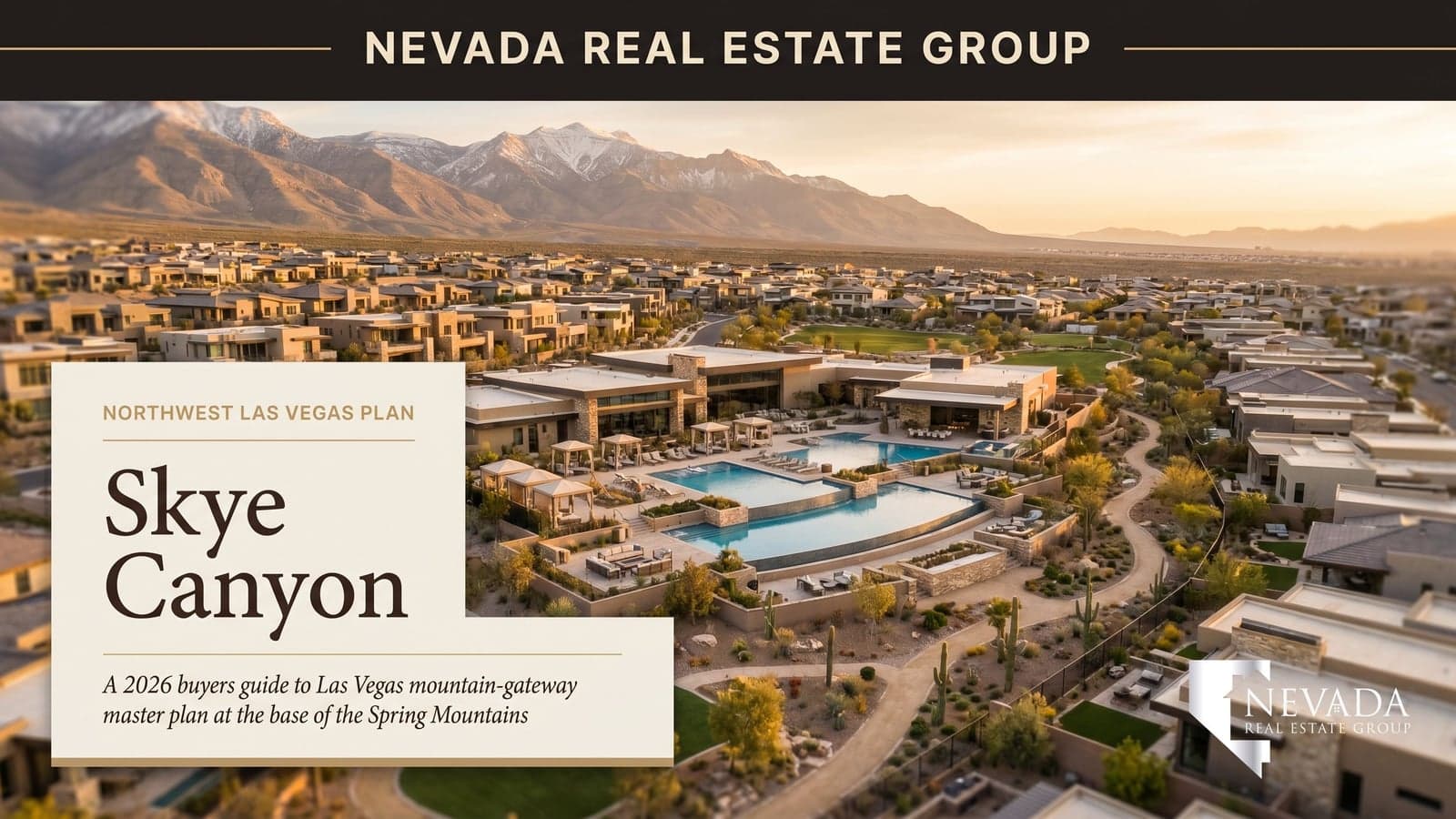 Skye Canyon Las Vegas master plan aerial at golden hour with Spring Mountains backdrop