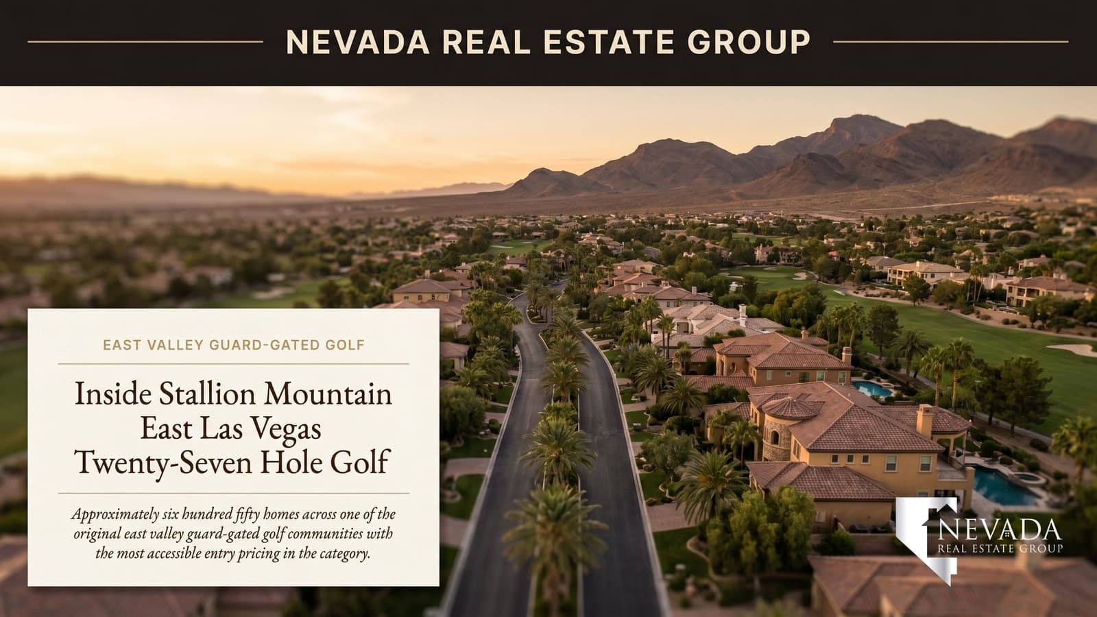 Stallion Mountain east Las Vegas guard-gated golf community with 27-hole course and Sunrise Mountain backdrop at twilight
