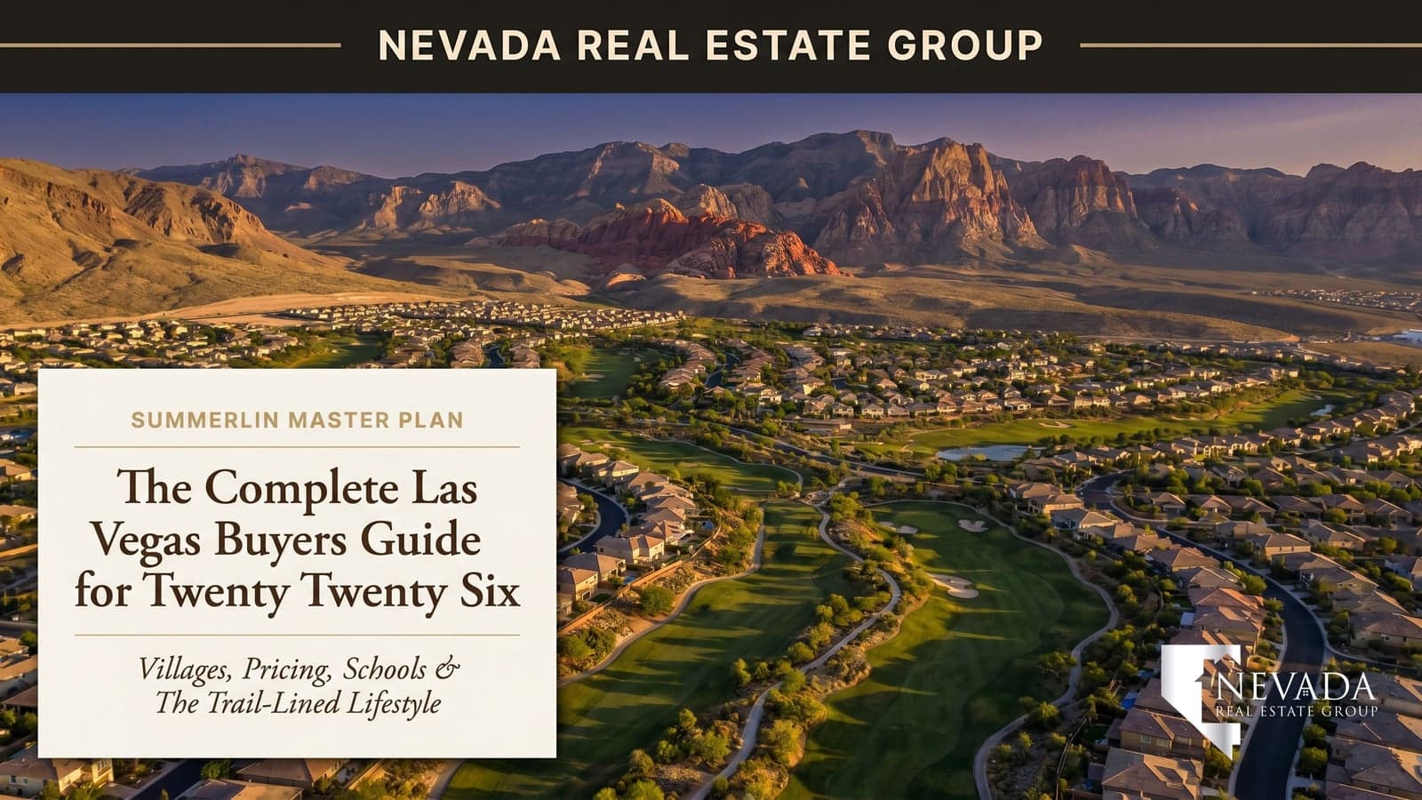 Aerial view of the Summerlin master plan in Las Vegas, Nevada, showing residential villages, green parkways, trails, and golf courses with Red Rock Canyon and the Spring Mountains rising in the background