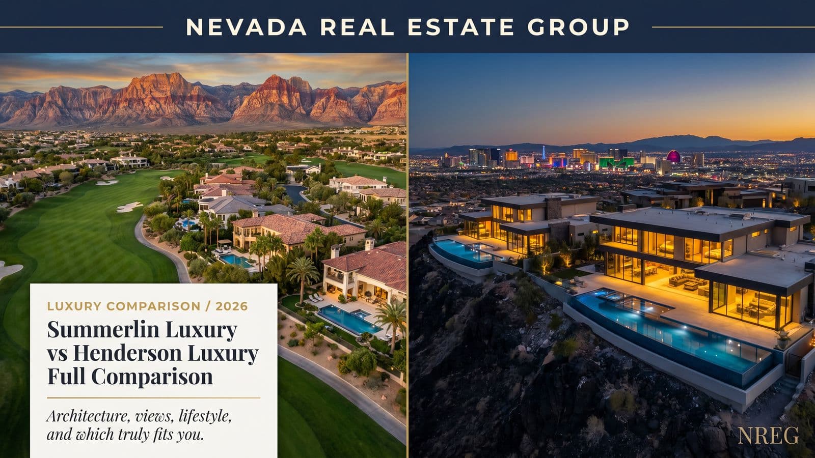Aerial view of Summerlin master plan beside Henderson skyline at twilight for 2026 buyer comparison