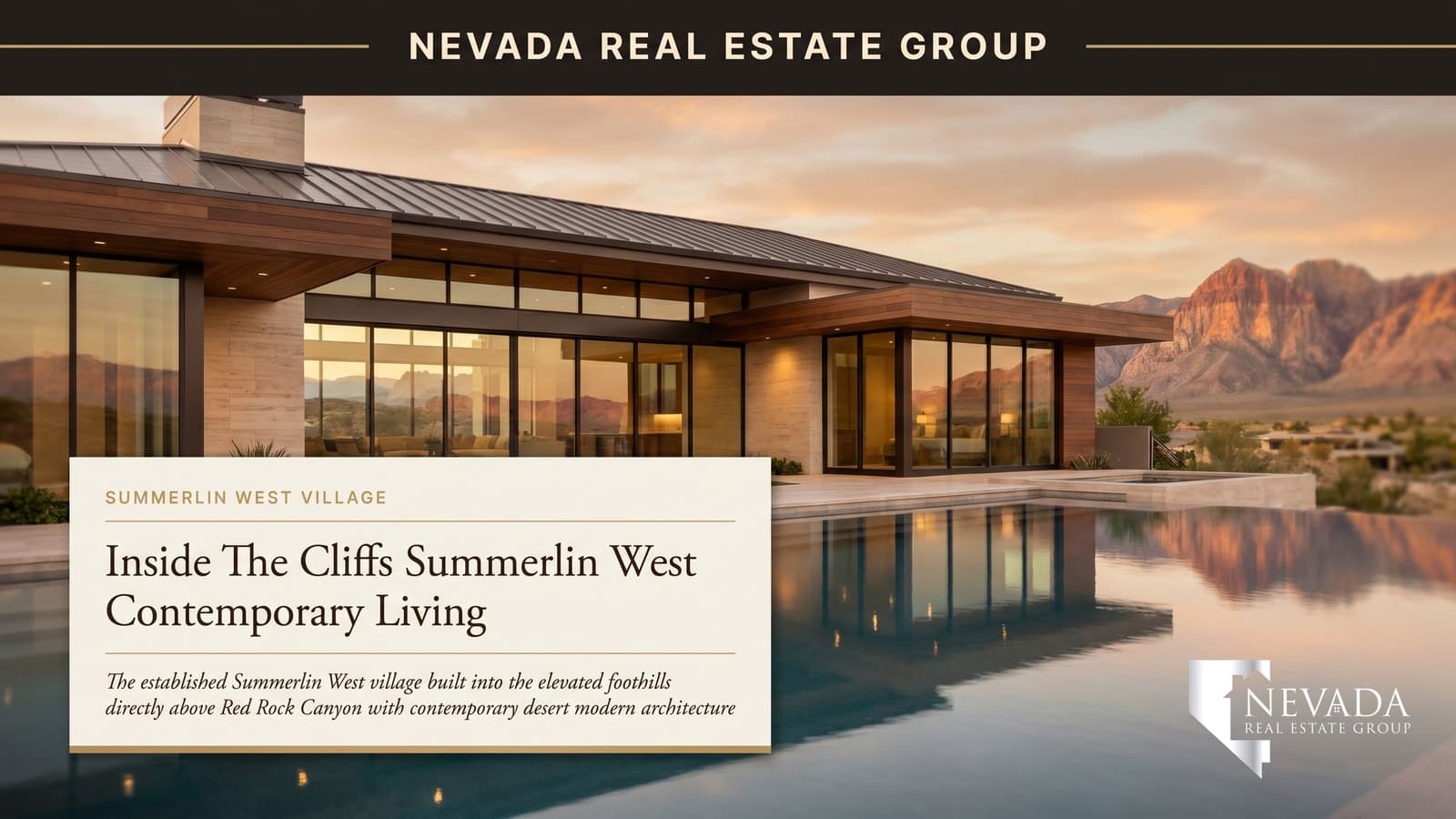 The Cliffs Summerlin West village aerial at golden hour with contemporary luxury homes built into the elevated foothills directly above Red Rock Canyon