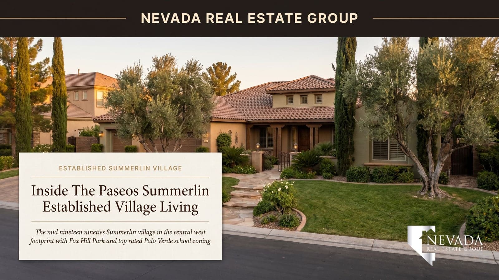 The Paseos Summerlin established village aerial at golden hour showing mature tree-lined neighborhoods, Mediterranean architecture, and Fox Hill Park amenity complex