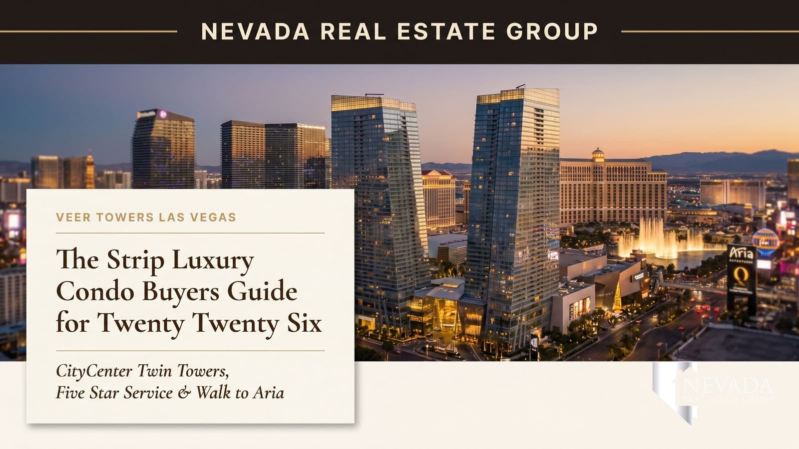Twilight view of Veer Towers in Las Vegas CityCenter with the twin 37-story residential glass towers tilting toward each other against the Strip skyline and the Bellagio fountains visible in the distance