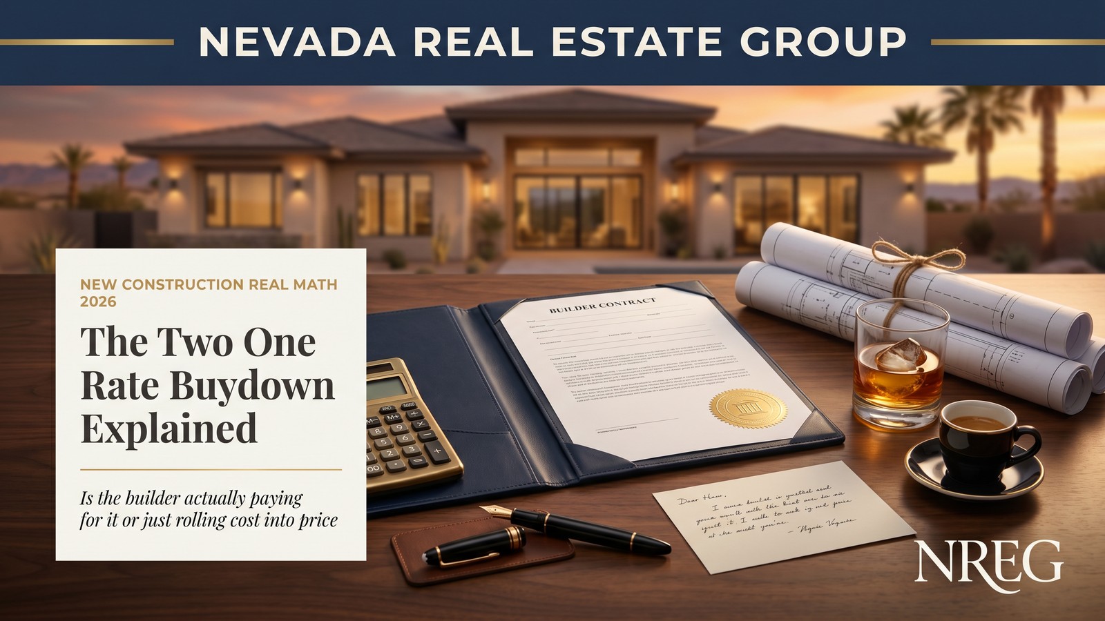Las Vegas first-time buyer comparing FHA conventional and VA down payment options at a new construction sales office
