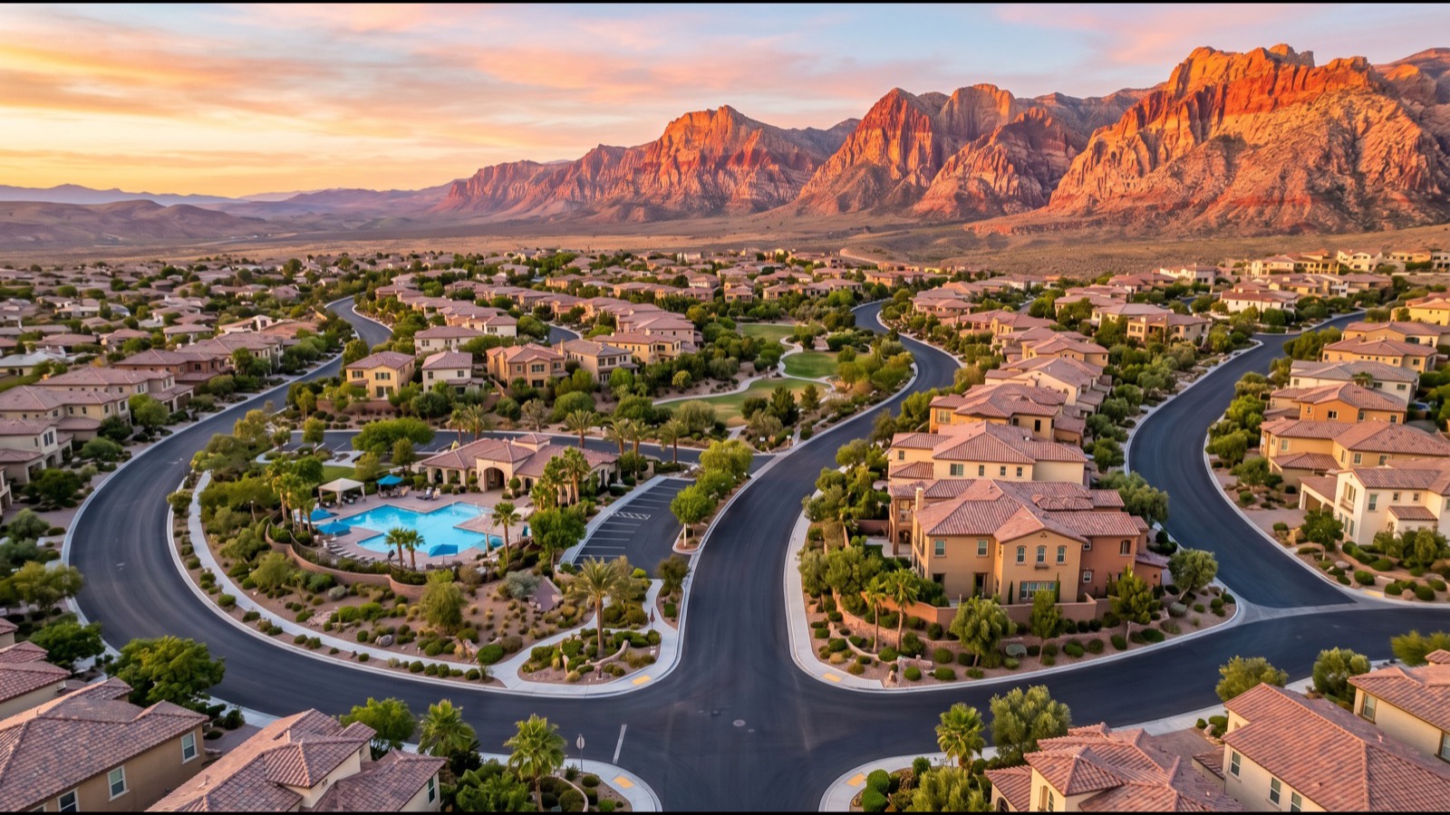 Aerial view of Summerlin residential villages adjacent to Downtown Summerlin with Red Rock Canyon and the Spring Mountains in the background