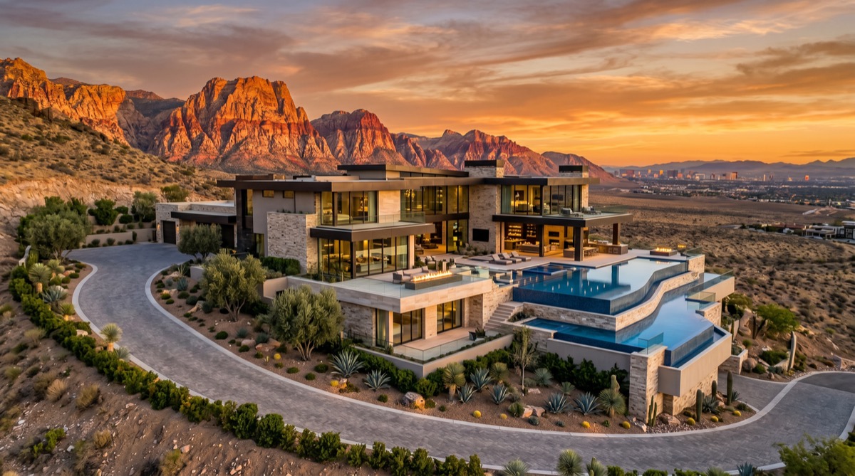 Twilight view of a luxury hillside guard-gated estate in the Las Vegas valley with city lights below and the McCullough Range silhouetted against the sunset — representative of MacDonald Highlands, Ascaya, and The Ridges hillside inventory