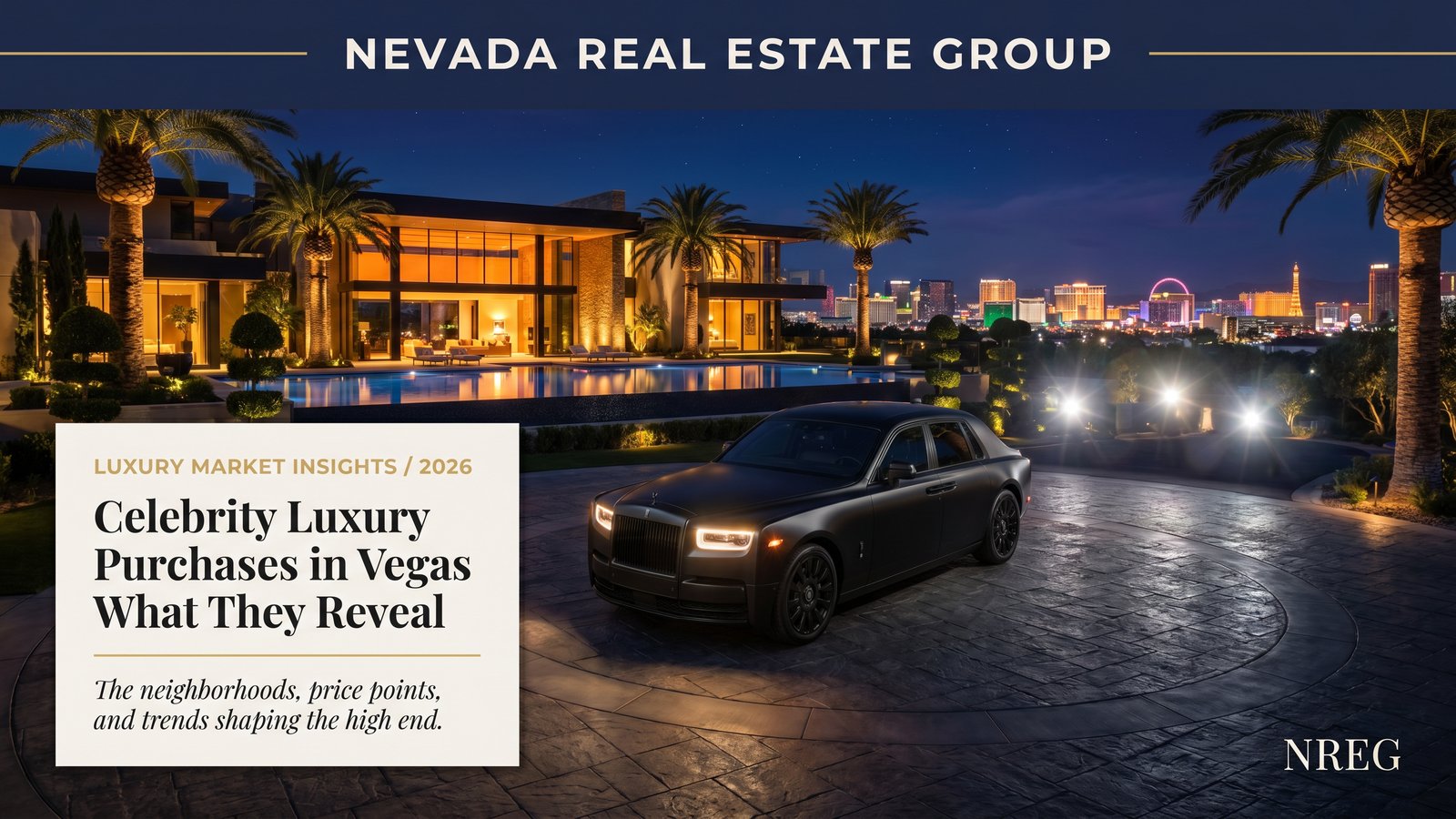 Las Vegas guard-gated trophy estate at twilight with luxury car at driveway entrance