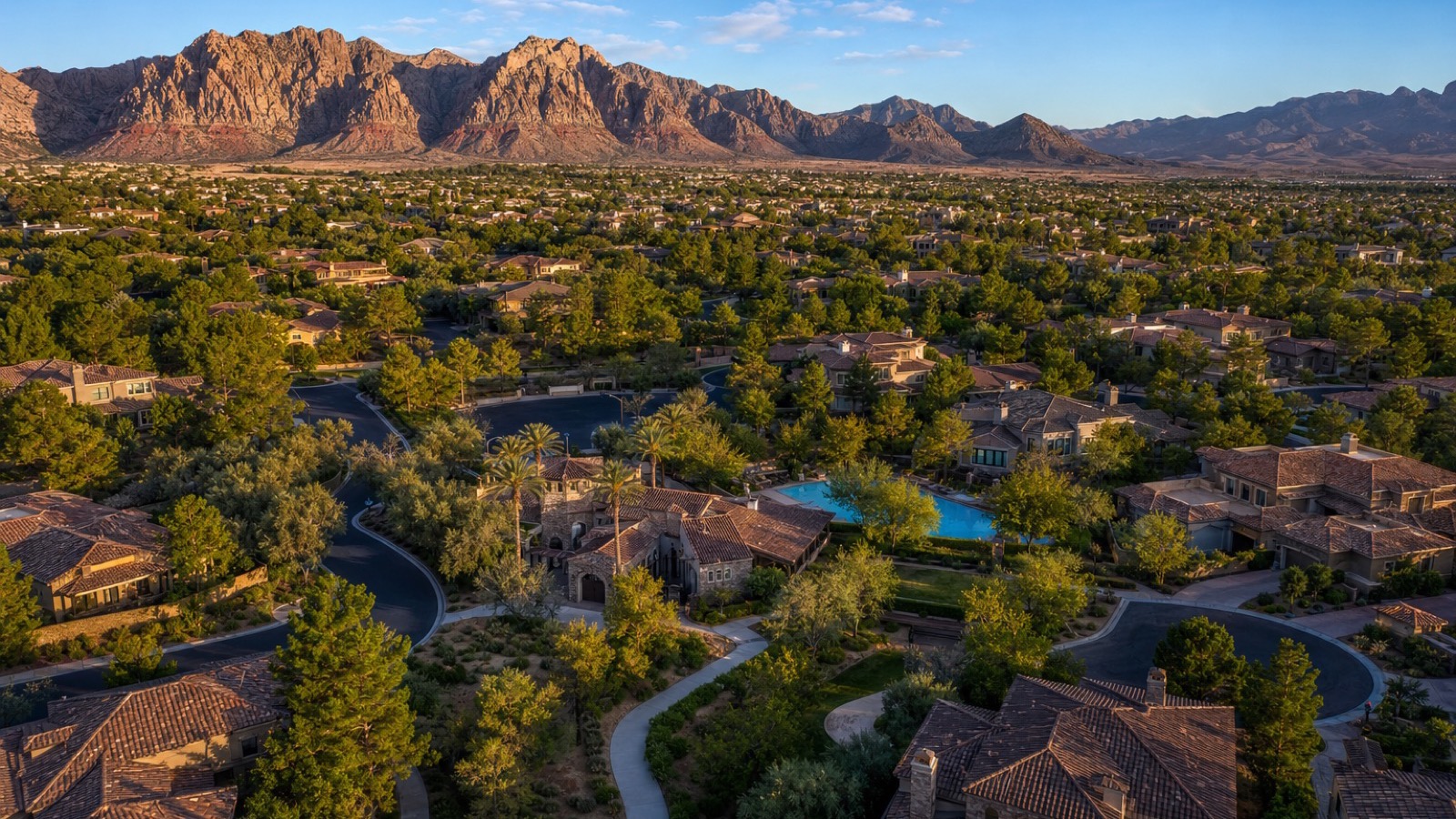 Las Vegas master-planned family community where many Hawaii transplants settle, with Red Rock Canyon in the distance