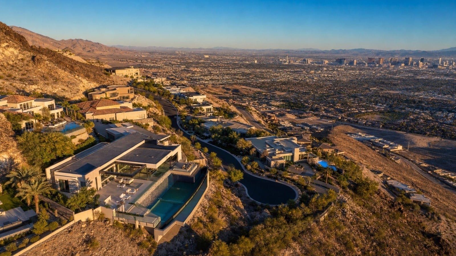Henderson hillside luxury master plans aerial showing the MacDonald Highlands and broader Henderson foothills luxury context