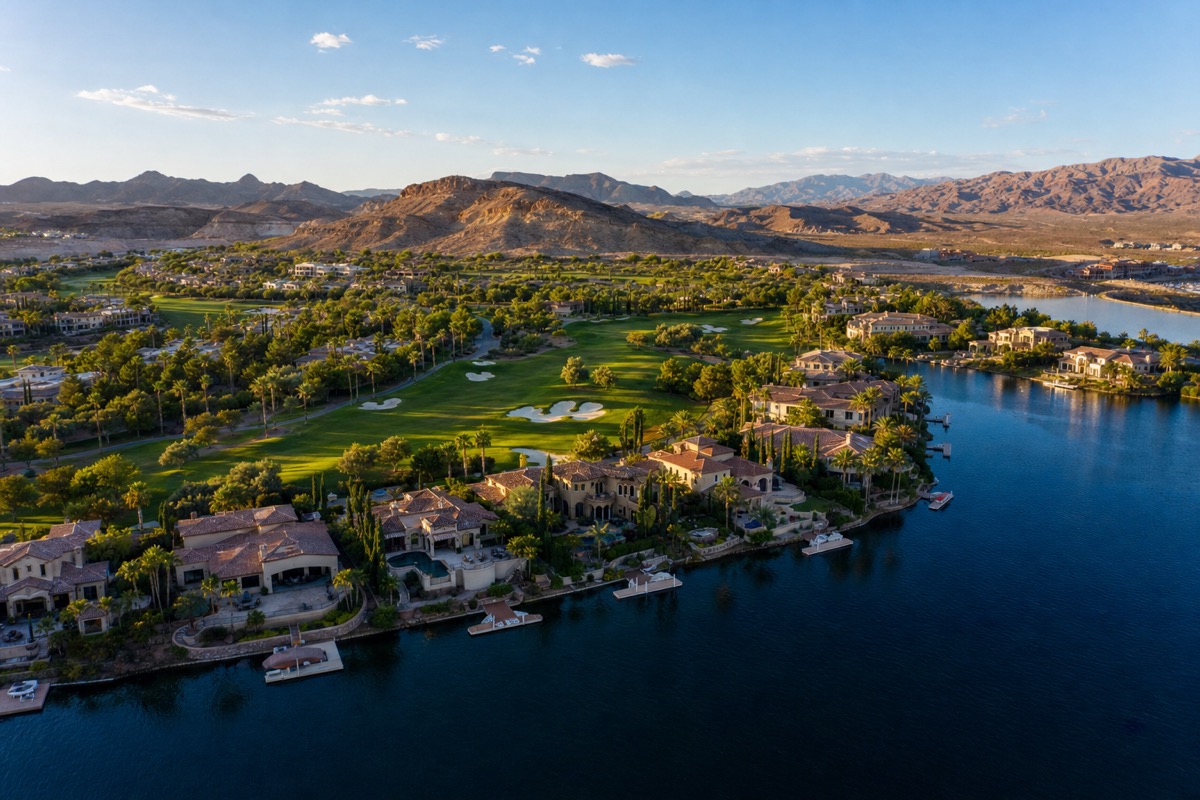 Aerial view of Henderson's Lake Las Vegas SouthShore — representative of the Henderson suburban landing zone where high-earning California relocators concentrate to maximize the no-state-income-tax savings