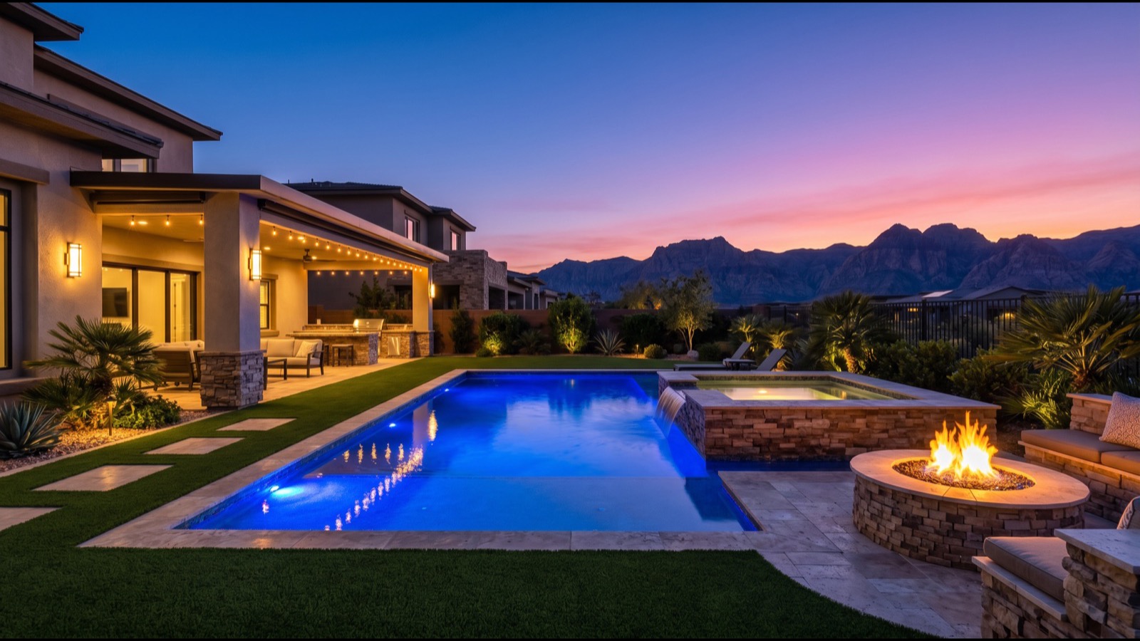 Sparkling clean Las Vegas backyard pool staged with loungers, presented as a selling asset rather than a maintenance chore