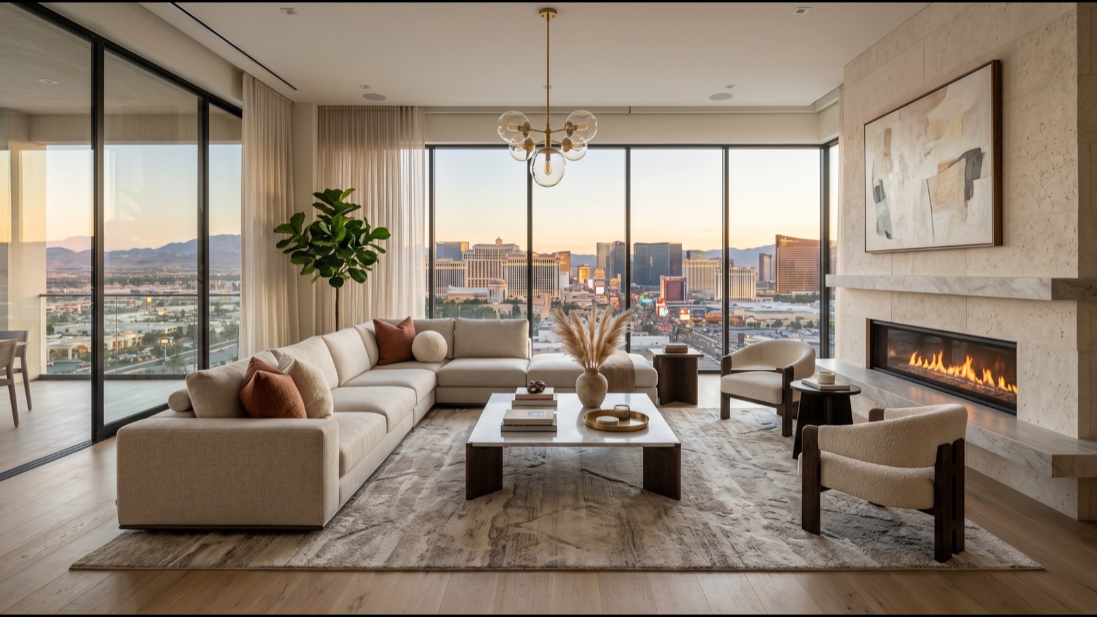 Bright, neutral, decluttered Las Vegas living room staged to help buyers visualize the home