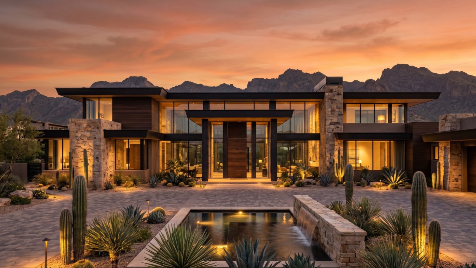 Custom Mediterranean luxury estate exterior in northwest Las Vegas with paver driveway and mature landscaping