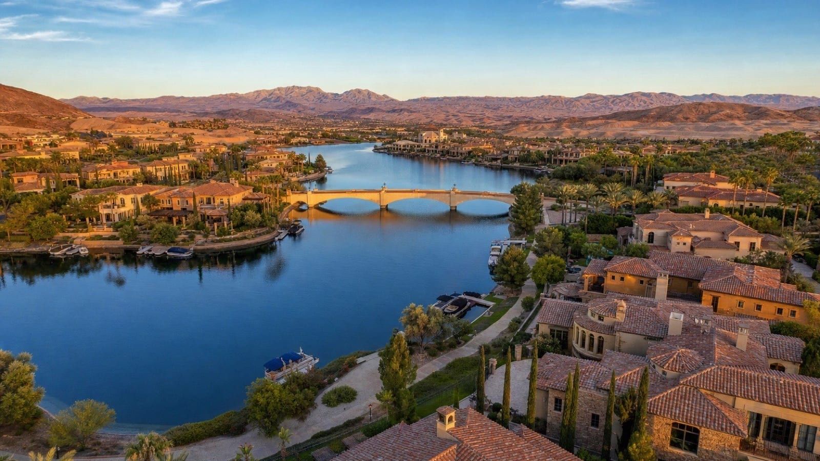 Lake Las Vegas Henderson waterfront aerial showing the 320-acre lake, MonteLago Village, and surrounding luxury residential villages
