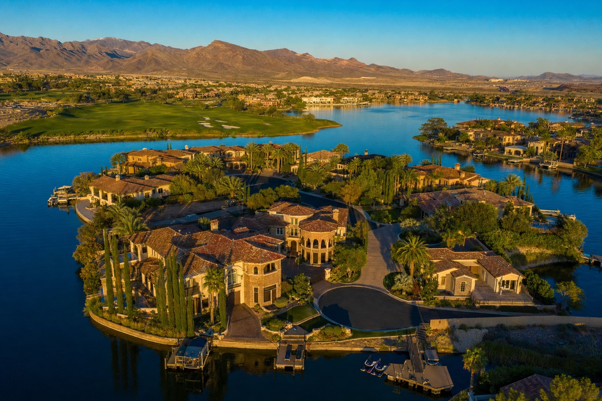 Lake Las Vegas waterfront luxury condo community with fountains and the McCullough Range backdrop — representative of MonteLago Village and South Shore Towers off-Strip luxury condo alternatives