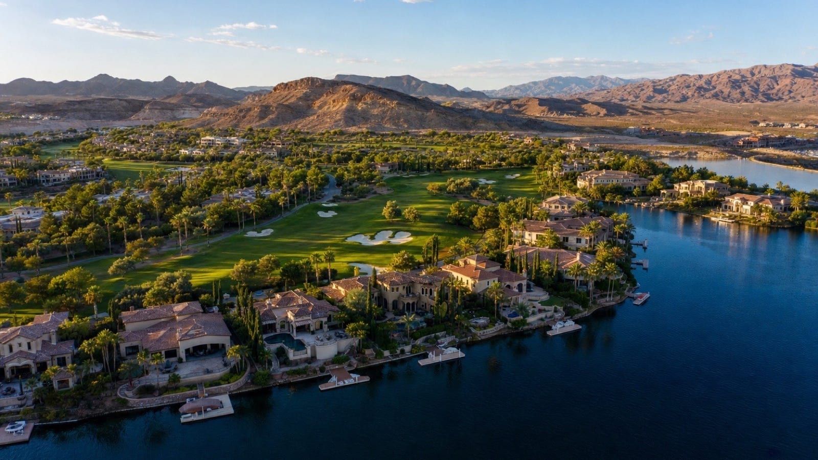 Lake Las Vegas MonteLago Village and SouthShore aerial — Mediterranean lakefront promenade with retail dining and lakefront residences