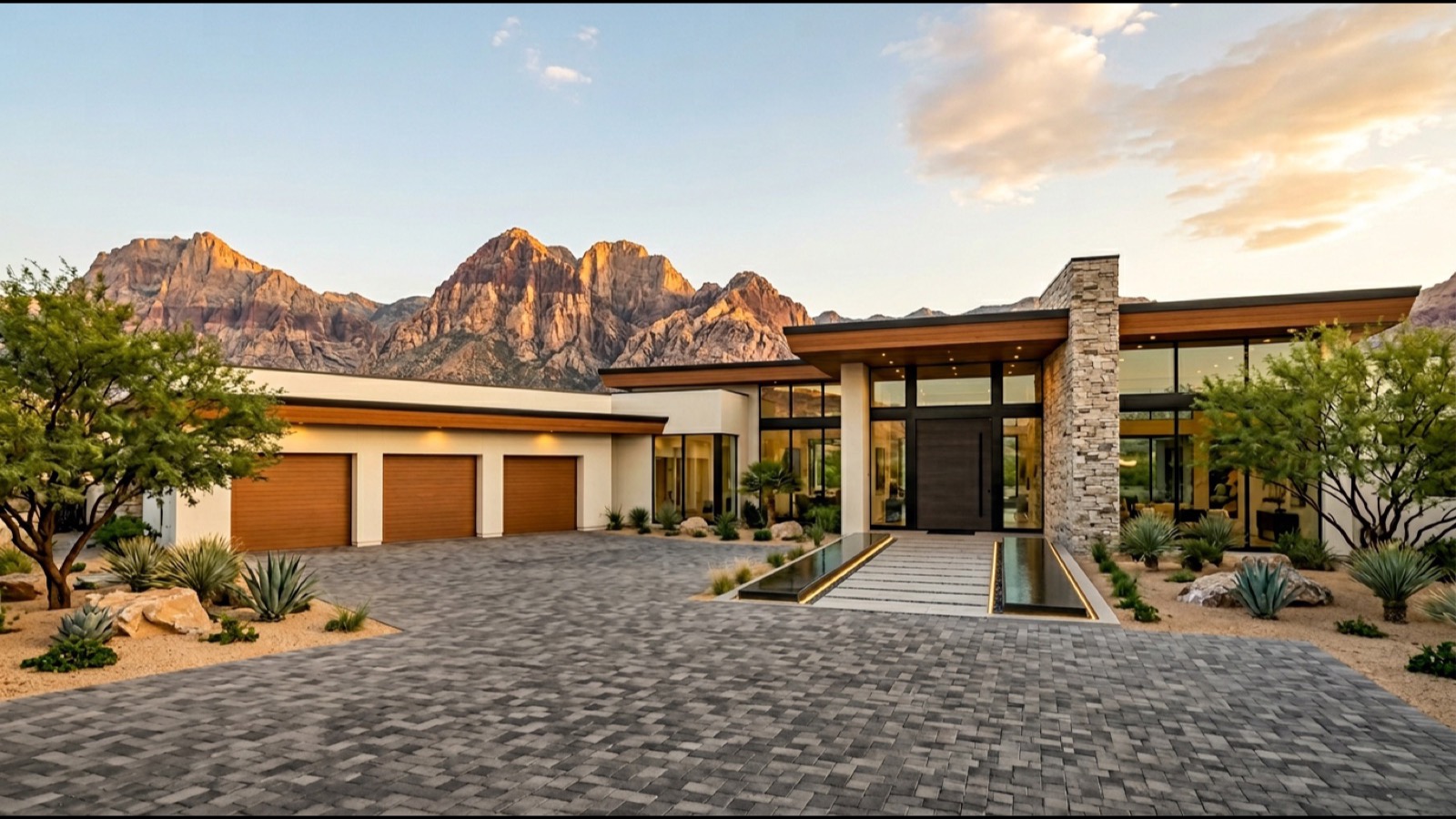 Las Vegas Country Club mid-century-modern single-story home with mature ficus and date-palm landscaping fronting a quiet interior cul-de-sac