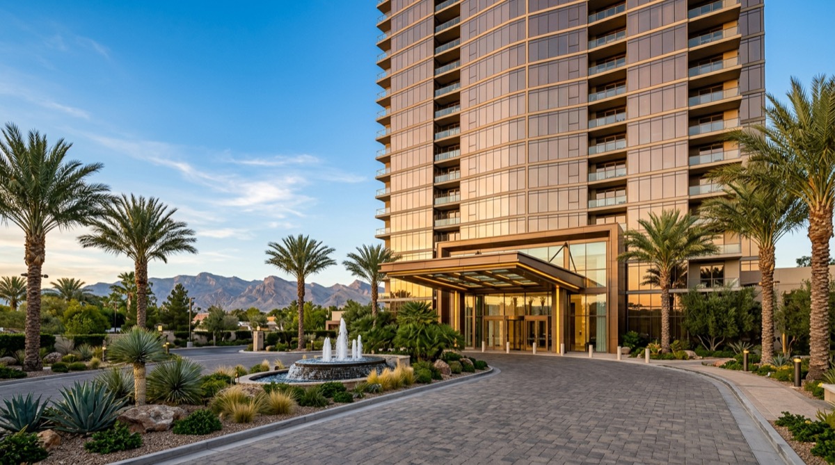 Las Vegas luxury condo tower exterior at twilight with the Strip skyline lit up behind — representative of the high-rise residential inventory at Veer Towers, Panorama Towers, and the other CityCenter and Strip-corridor luxury towers