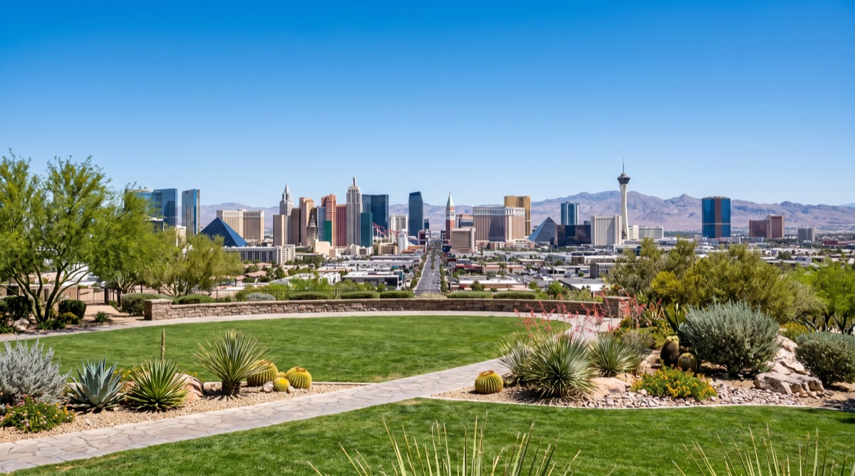 Las Vegas Strip skyline at midday — symbolizing the income-tax-free Nevada economy that drives 50,000+ California residents to relocate annually