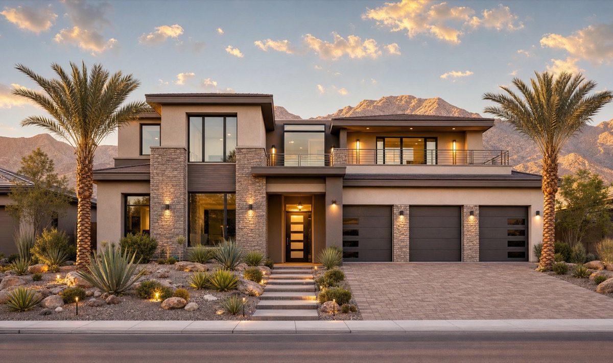 Master-planned Henderson Nevada neighborhood with manicured streets, parks, and Black Mountain in the background at golden hour