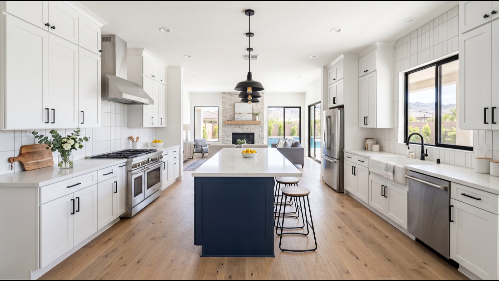 Los Prados renovated home interior showing modern kitchen with granite counters stainless appliances and updated cabinetry in a 1990s vintage single-family home