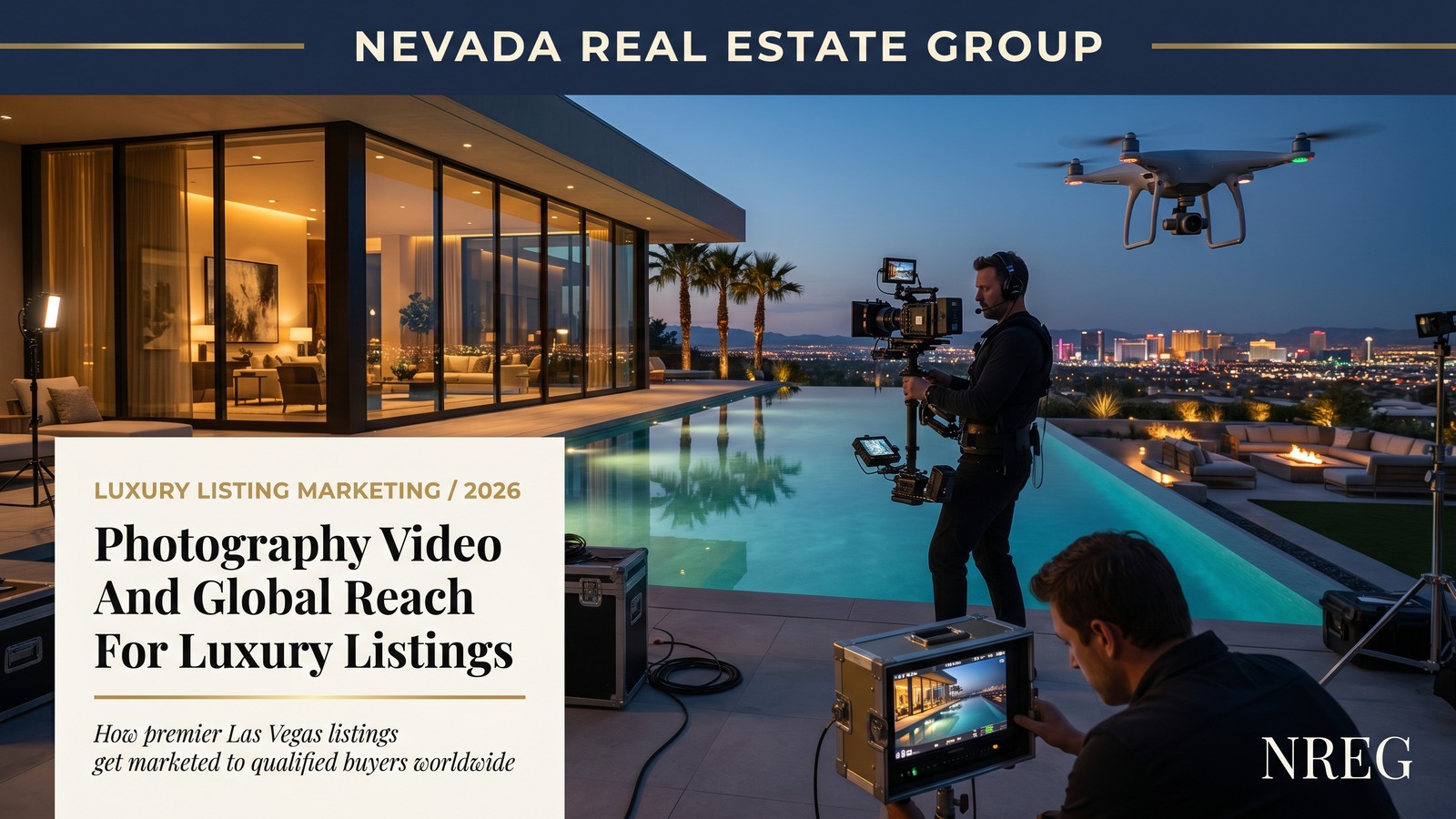 Las Vegas luxury home seller reviewing listing marketing portfolio with photography and drone video assets for 2026
